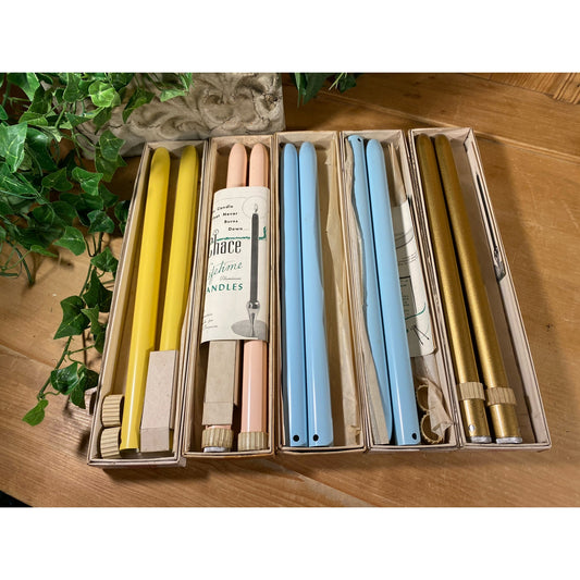 Vintage Chace Aluminum Candles - Five Pairs | Metal Candles In Yellow, Pink, Blue, Gold | Midcentury Modern Table Decor | The Wedgewood Shop