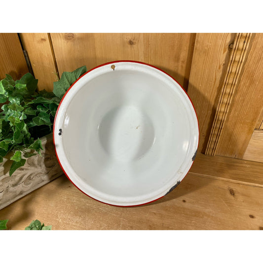 Vintage White Enamel Mixing Bowl with Red Trim | White + Red Enamel Mixing Bowl | Rustic Farmhouse Kitchen Decor | Enamelware Cookware