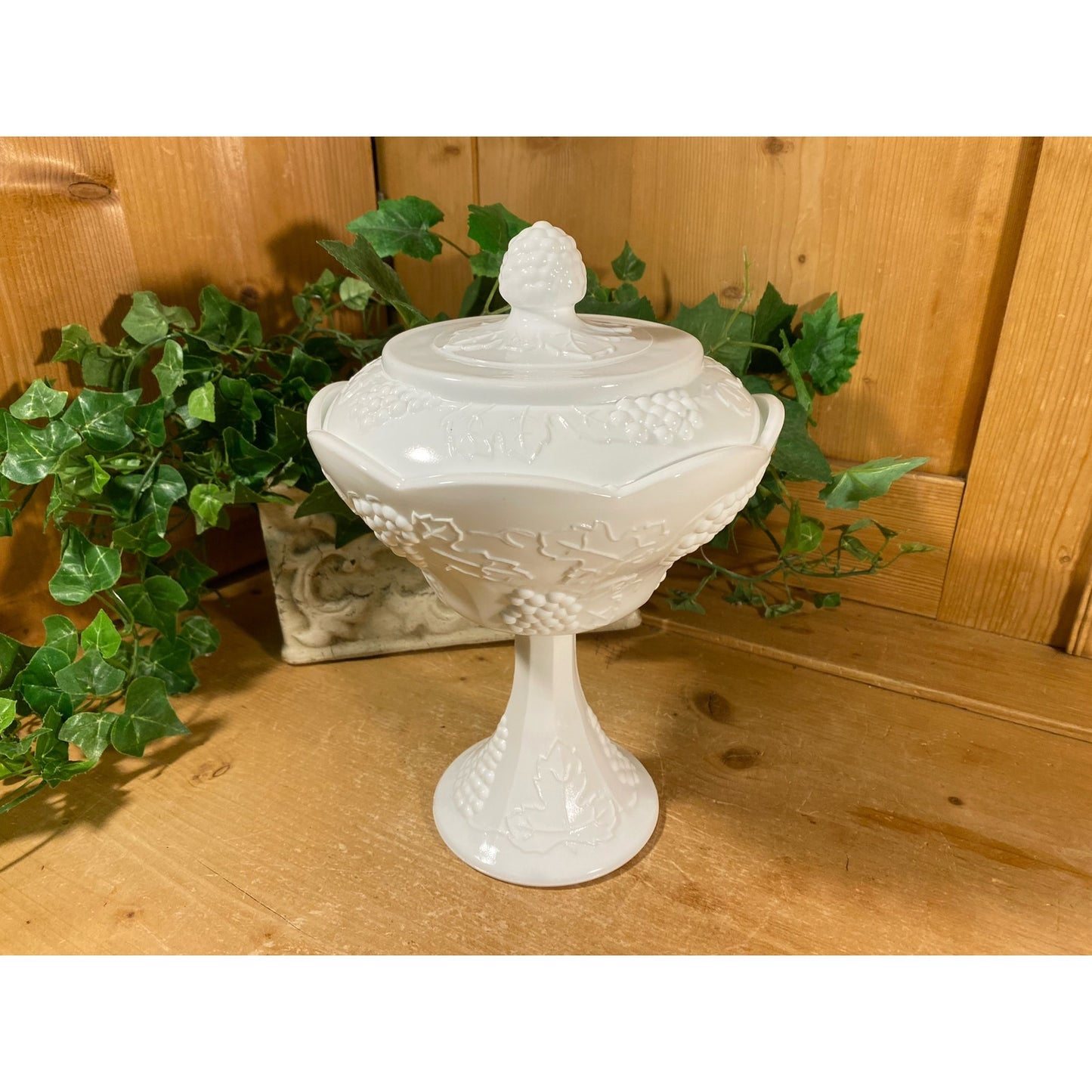 Vintage  Covered Milk Glass Candy Dish with Grapes | White Glass Pedestal Candy Dish with Cover | Milk Glass Dish | Cottagecore Table Decor