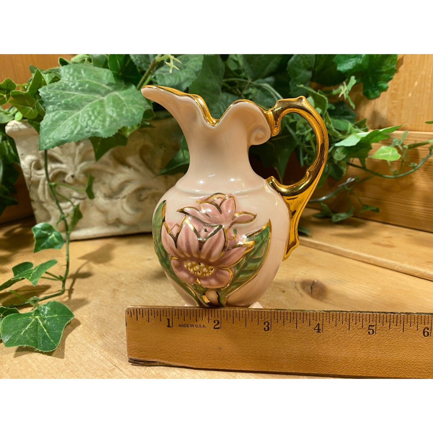 Vintage Hull Art Pottery "New Magnolia" Vase | Hand-Painted Floral Vase with Glossy Finish and Gold Trim | Midcentury Modern Shelf Decor
