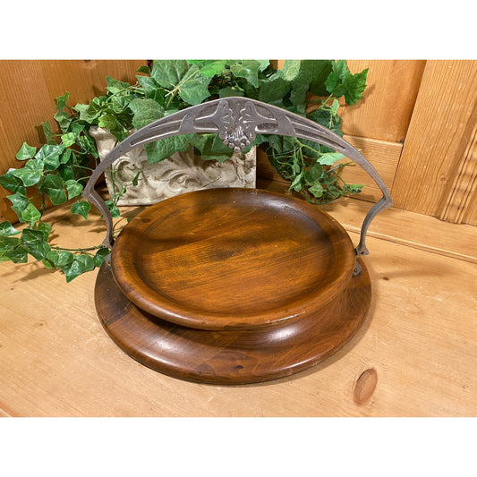 Vintage Round Wooden Cheese Board with Grapes On Silver Metal Handle | Cottagecore Decor | Charcuterie Platter | Fancy Wood Serving Dish