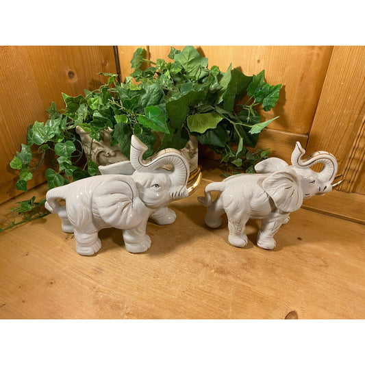 Vintage Ceramic Elephant Figurines - Set of 2 | Pair of White and Gold Elephants with Raised Trunks | Boho Shelf Decor | Good Luck Elephants