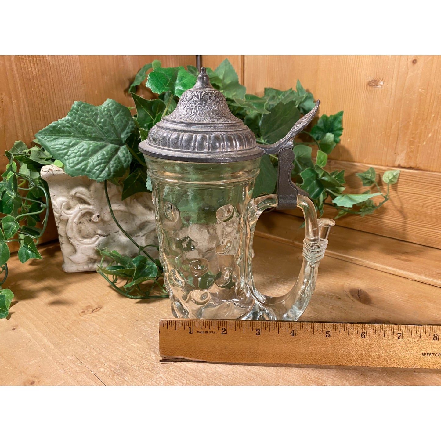Vintage BMF Glass Coin Dot Horn-Shaped Beer Stein with Hinged Pewter Lid | Bayerische Metallwarenfabrik | 1960s Glass Beer Mug | Academia