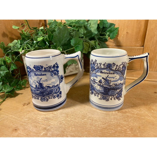 Vintage Hand-Painted Heineken Ceramic Tankards - Set of 2 | Delft Blue | Made In Holland | Dutch Beer Mugs | Collectible European Steins
