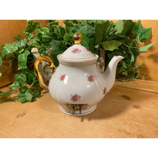 Vintage Electric Floral China Teapot (no cord) | Minamiyama Seitosho | White Ceramic Teapot with Pink Flowers and Gold Trim |  Cottagecore