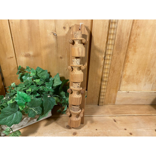 Vintage Carved Wood Hanging Rack Display for Wooden Bottles with Corks | Handmade Wooden Spice Rack and Wood Jars | Cottagecore Wall Decor