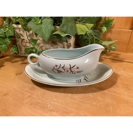 Vintage Light Blue and Pink Floral Gravy Boat - 2 pc. Set | Universal Pottery Co. | Ballerina Mist | Pink Floral | Midcentury Modern Decor