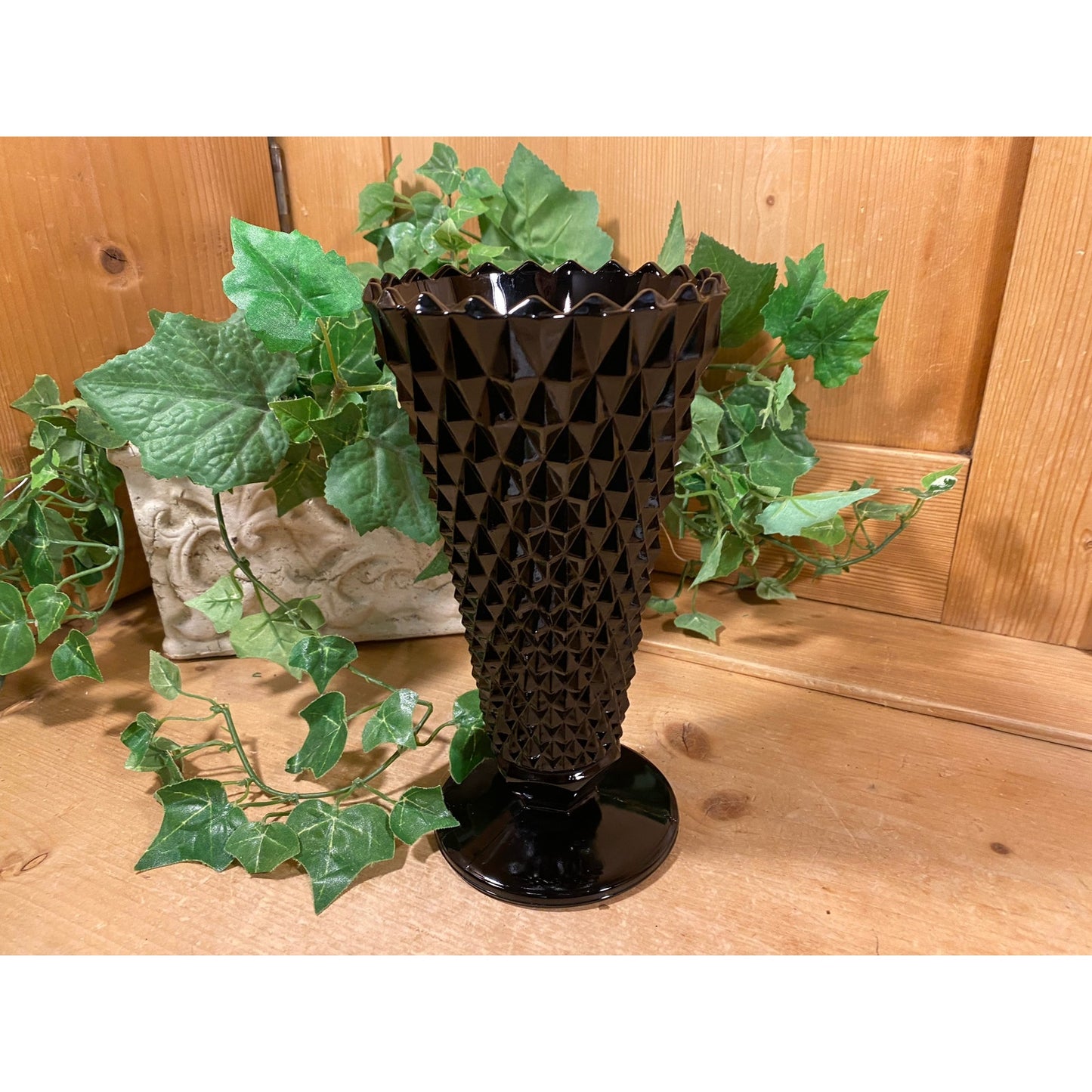Vintage Black Amethyst Tiara Glass Flower Vase |  Indiana Glass | Diamond Point Black Glass Vase | Midcentury Modern Table Decor | Academia