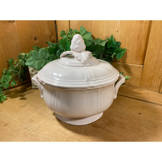 Vintage Embellished White Stoneware Soup Tureen | Stoneware Soup Bowl With 2 Handles and Cover | Farmhouse | White Pottery | Cottagecore