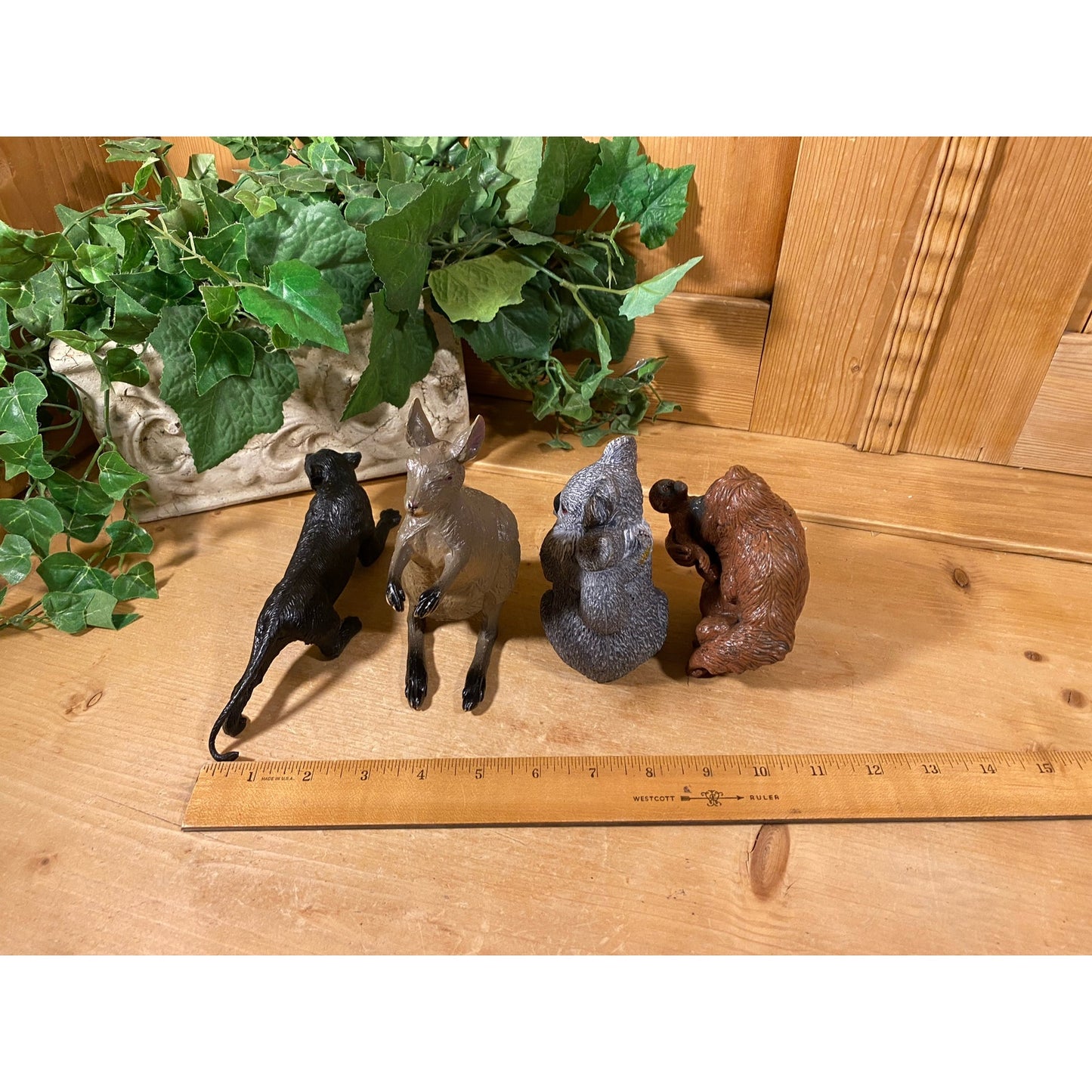 Vintage Realistic Heavy Molded Plastic Animals - Set of Four | Black Panther, Kangaroo, Koala Bear with Baby, Chimpanzee with Baby | Toys
