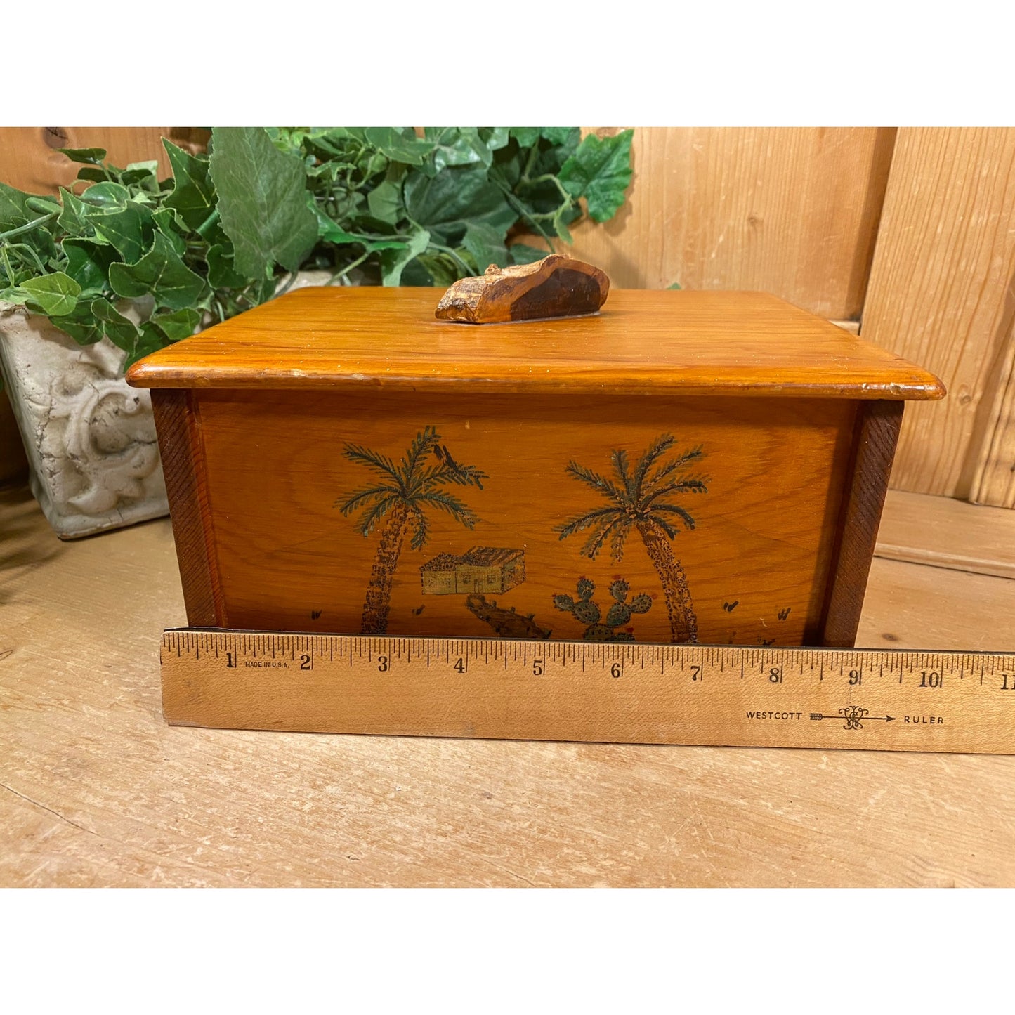Vintage Hand-Painted Wooden Jewelry Box with Lid | Palm Trees and Cactus | Crystal City, TX | Inscription - 1944 | Midcentury Keepsake Box