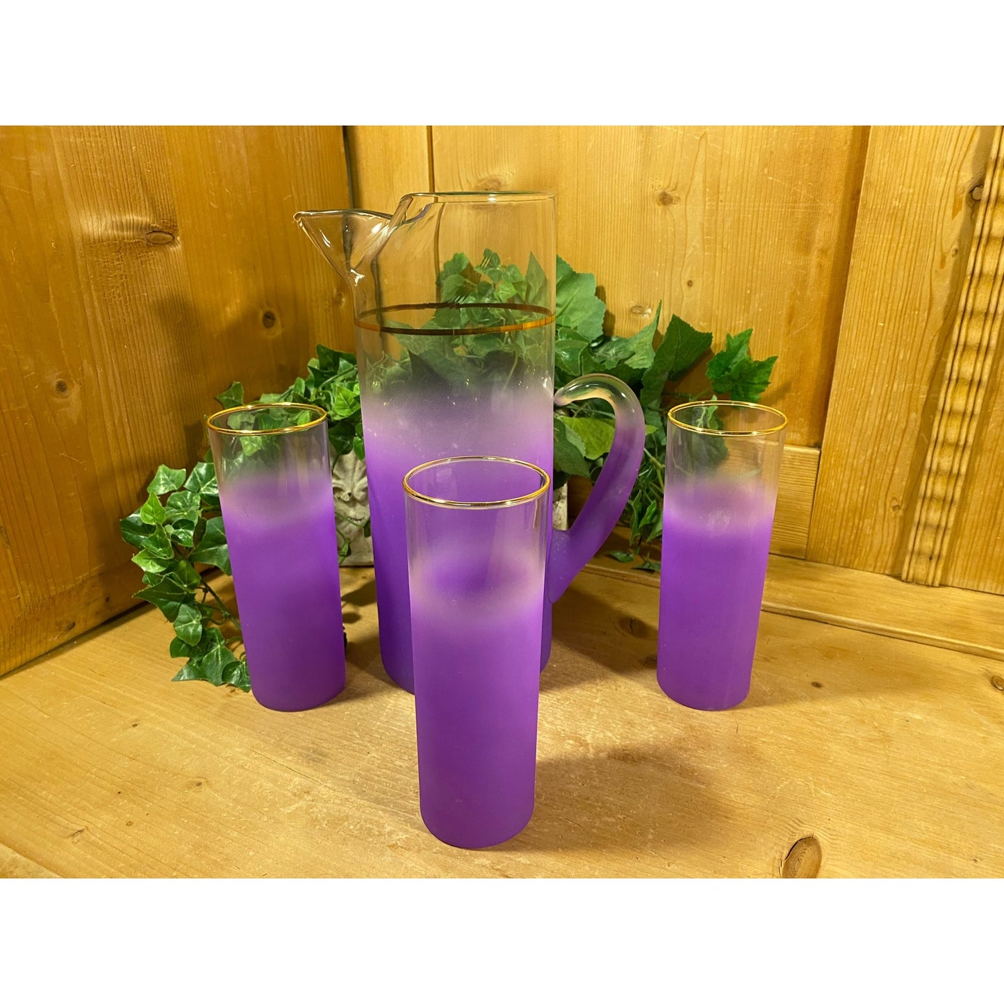 Vintage Blendo Frosted Purple Glass Pitcher and Tumblers - Set of 4 | Midcentury Modern Drinkware Set | Purple Ombre Glass Pitcher + Glasses