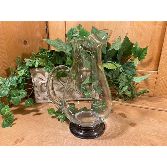 Vintage Clear Glass Water Pitcher with Ice Lip and Silver Base | Midcentury Modern Glass Water, Tea, or Juice Pitcher | Cottagecore Kitchen