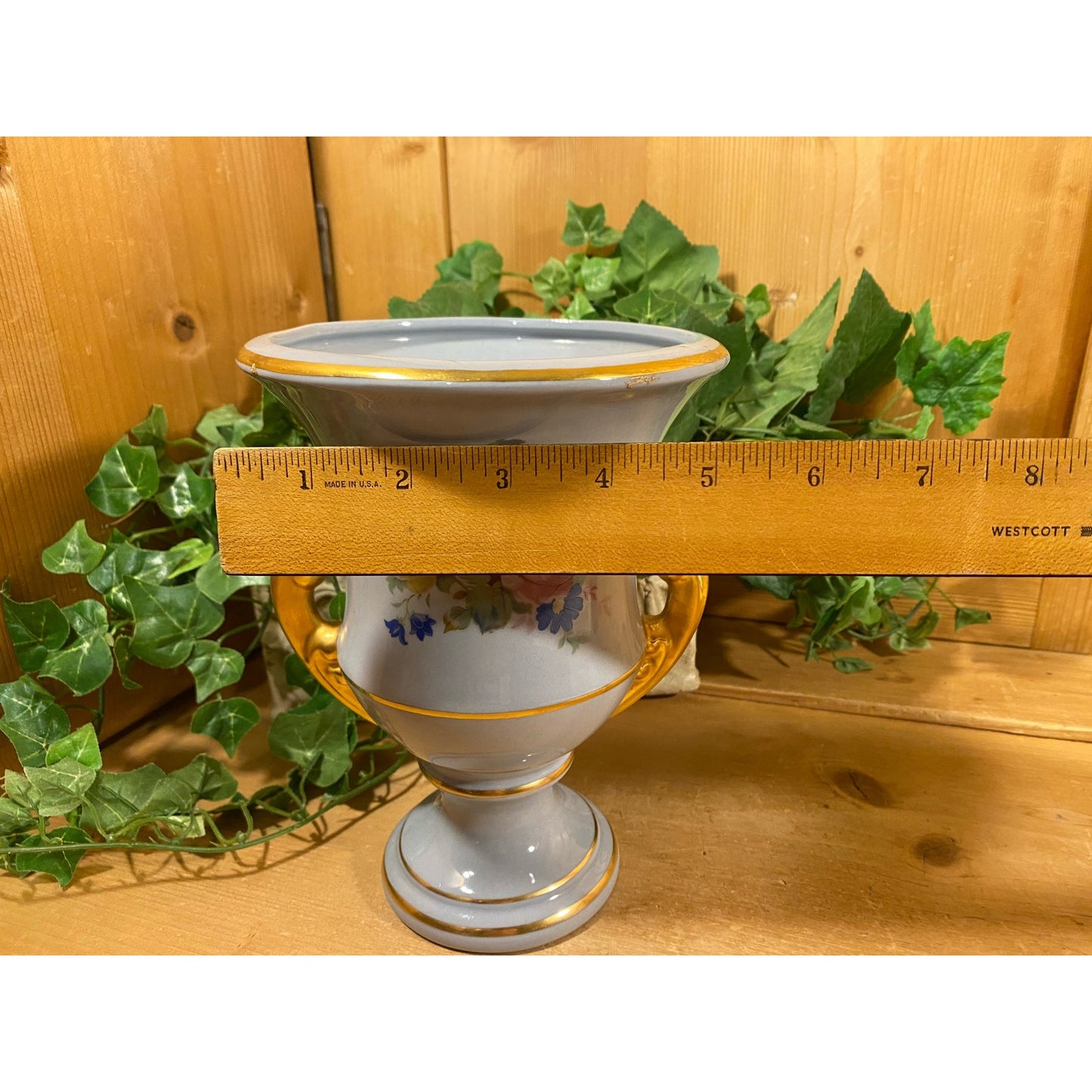 Vintage Light Blue + Pink Floral Urn Vase with Gold Trim | Princeton China Pottery | Victorian Flower Vase with Two Handles | Shabby Chic
