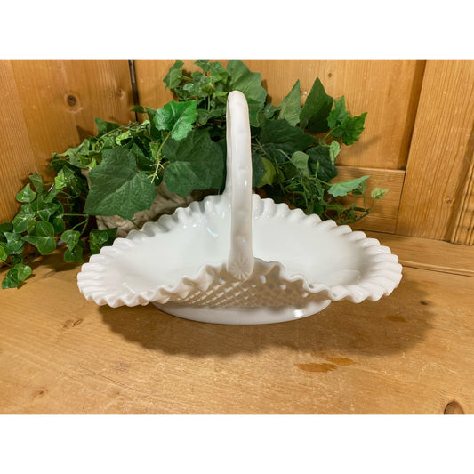 Vintage Fenton Milk Glass Hobnail Basket Candy Dish with Handle | White Hobnail Milk Glass Candy Dish with Ruffled Edge | Cottagecore Decor