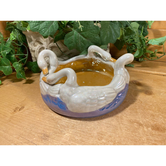 Vintage Lusterware Swan Circle Dish | Round Ceramic Trinket Dish with Iridescent Finish | Cottagecore Table Decor | Swan Centerpiece Bowl