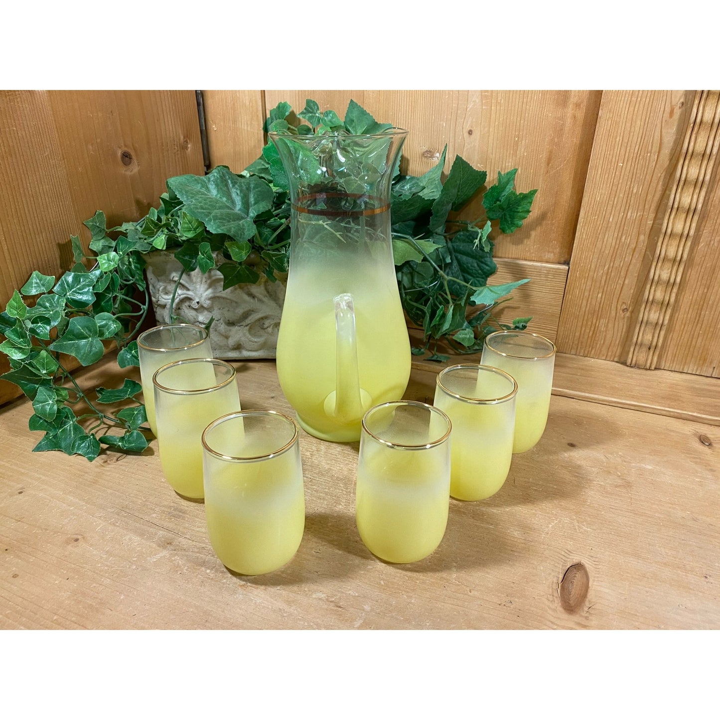 Vintage Blendo Frosted Yellow Glass Pitcher and Tumblers - Set of 7 | Midcentury Modern Drinkware Set | Blendo Pitcher + Glasses