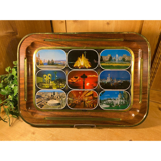 Vintage World Wonders Metal Serving Tray | EXPO | The Metal Printer's Company | Midcentury Modern Dining Tray with Photos of World Landmarks