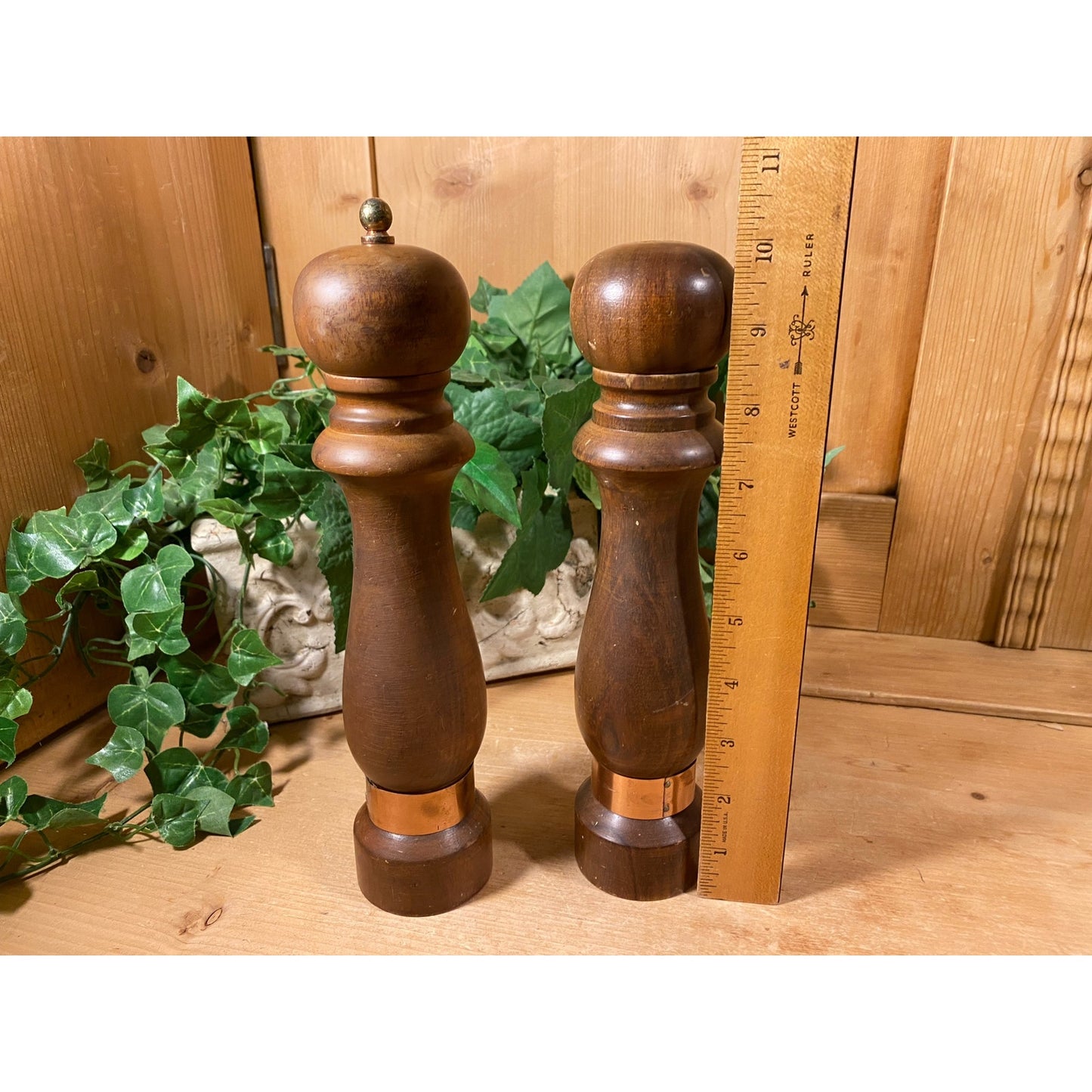 Vintage Tall Wooden Pepper Mill and Salt Shaker Set | Dark Brown Wood Salt Shaker + Pepper Grinder | Farmhouse Kitchen | Midcentury Modern