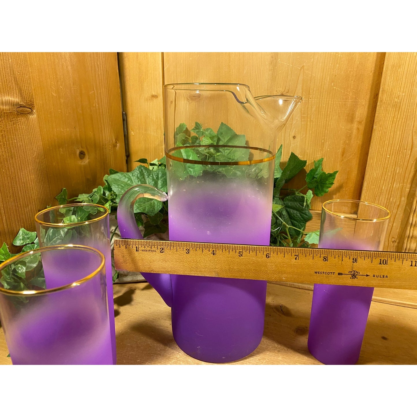 Vintage Blendo Frosted Purple Glass Pitcher and Tumblers - Set of 4 | Midcentury Modern Drinkware Set | Purple Ombre Glass Pitcher + Glasses