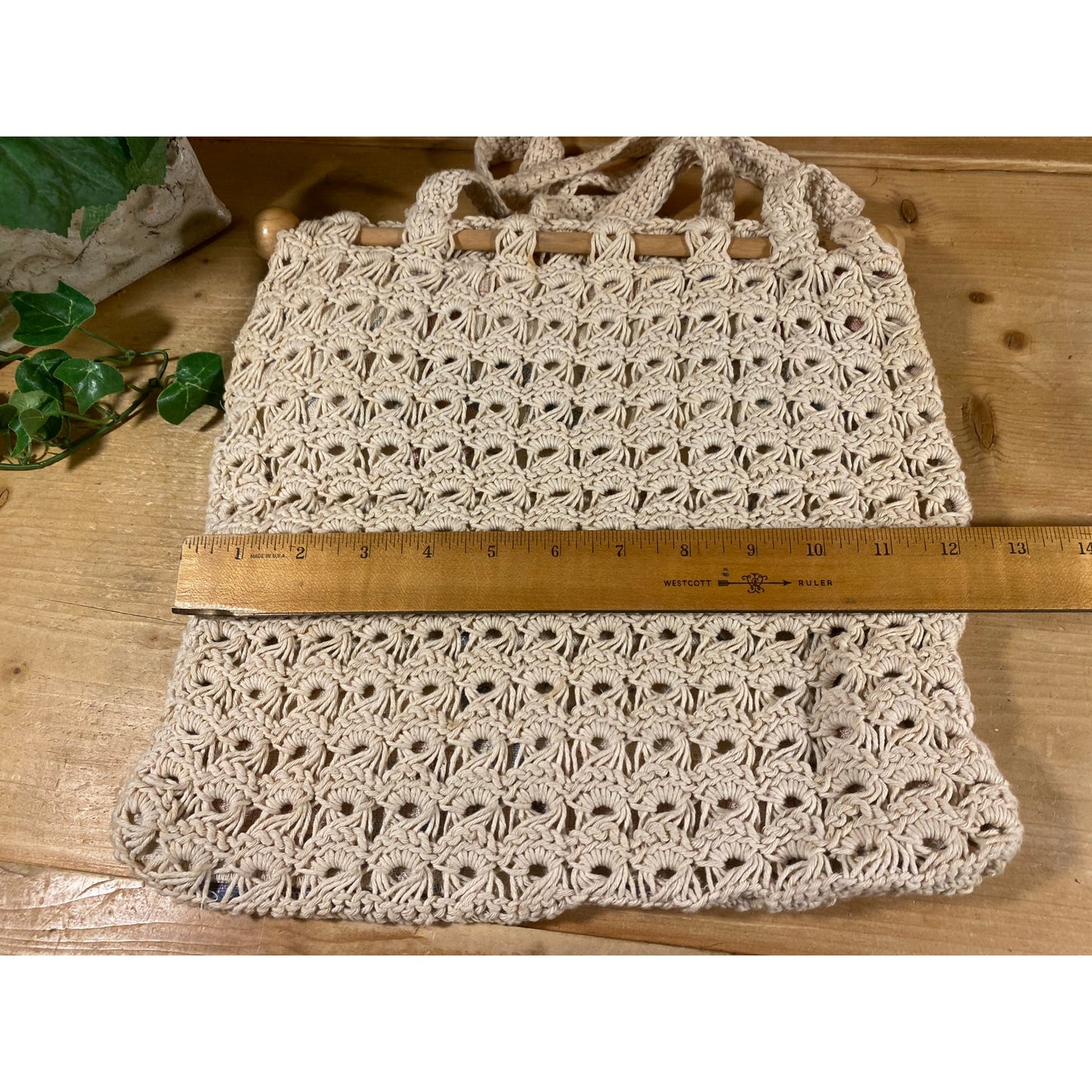 Vintage Macrame Handbag with Wooden Dowels | Cream Crochet Knit Purse with 2 Handles and Floral Lining  | Hippie Satchel | Boho Handbag