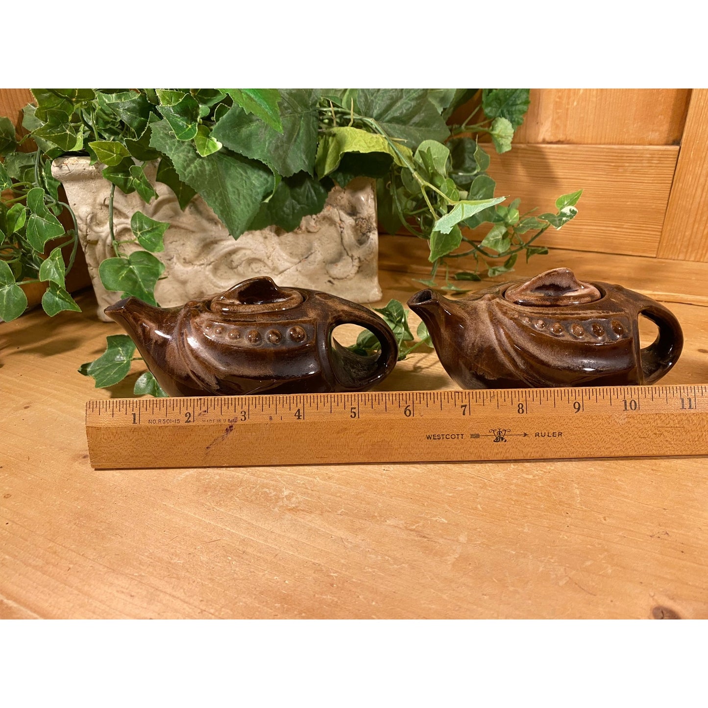 Vintage Brown Drip Ceramic Teapots - Set of 2 | Aladdin / Genie Teapot | Pair of Brown Pottery Teapots | Boho Kitchen Decor | Bohemian Decor