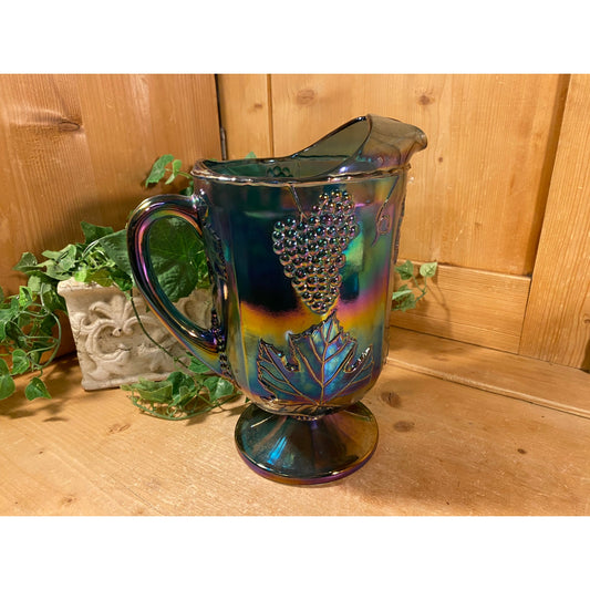 Vintage Harvest Grape Blue Carnival Glass Water Pitcher | Indiana Glass | Shabby Chic Table Decor | Iridescent Glass Water or Tea Pitcher