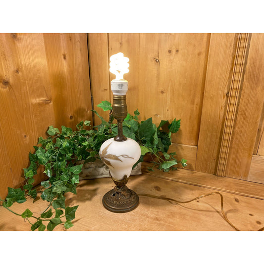 Vintage Frosted White Glass Lamp Base with Golden Leaves | Rewired Victorian Table Lamp | Shabby Chic Glass + Metal Living Room Lamp