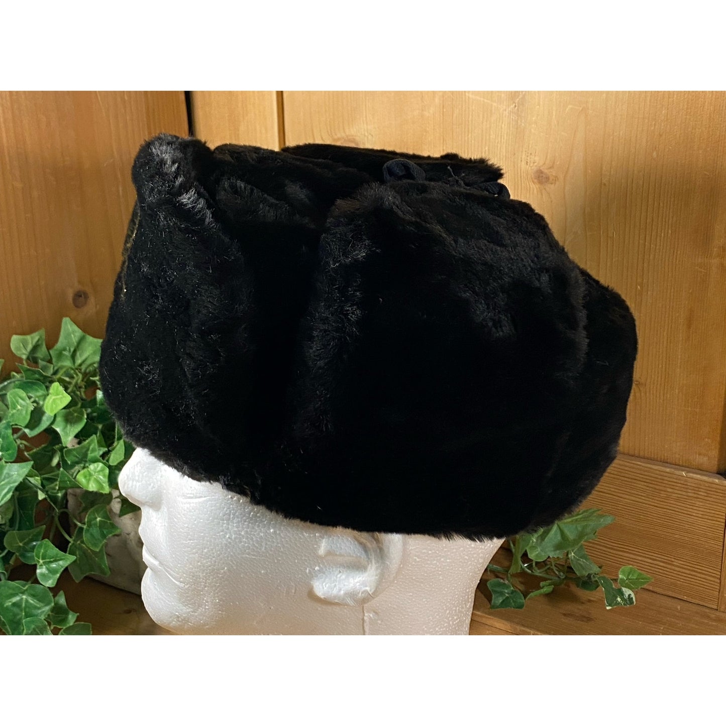 Vintage Russian Black Faux Fur Hat with Insignia Pin | Womens Fashion Faux Fur Lined Winter Hat | Vintage Womens Fashion Hat