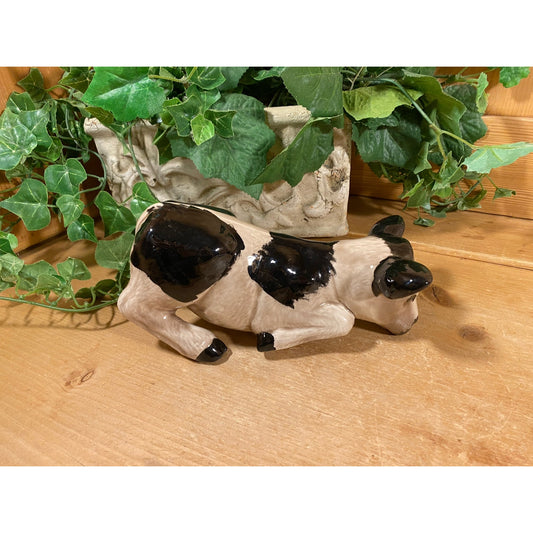 Vintage Handmade Ceramic Cow Shelf Sitter | Holstein Cow Figurine | Black + White Pottery Cow | Farmhouse Decor | Cow Looks Down Over Shelf