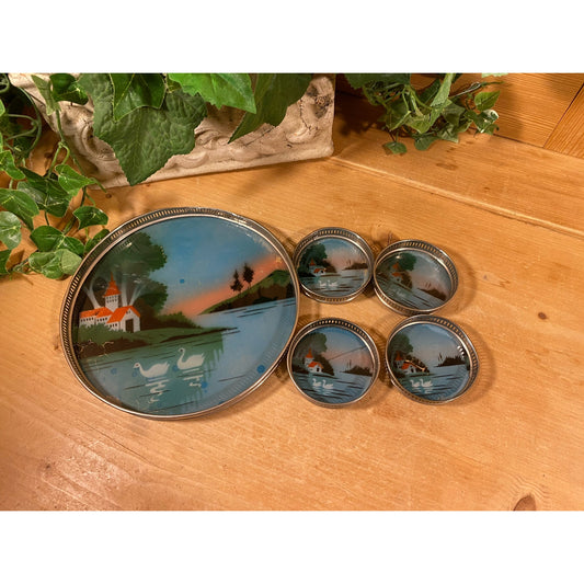 Vintage Metal Beverage Tray and 4 Coasters | House On Lake and Swans | Shabby Chic Table Decor | Round Drink Serving Tray and Coasters Set