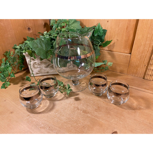 Vintage Roly Poly Cocktail Set | Dorothy Thorpe | Clear Glass with Silver Band | Brandy Snifter | Midcentury Cocktail Pitcher and 4 Tumblers