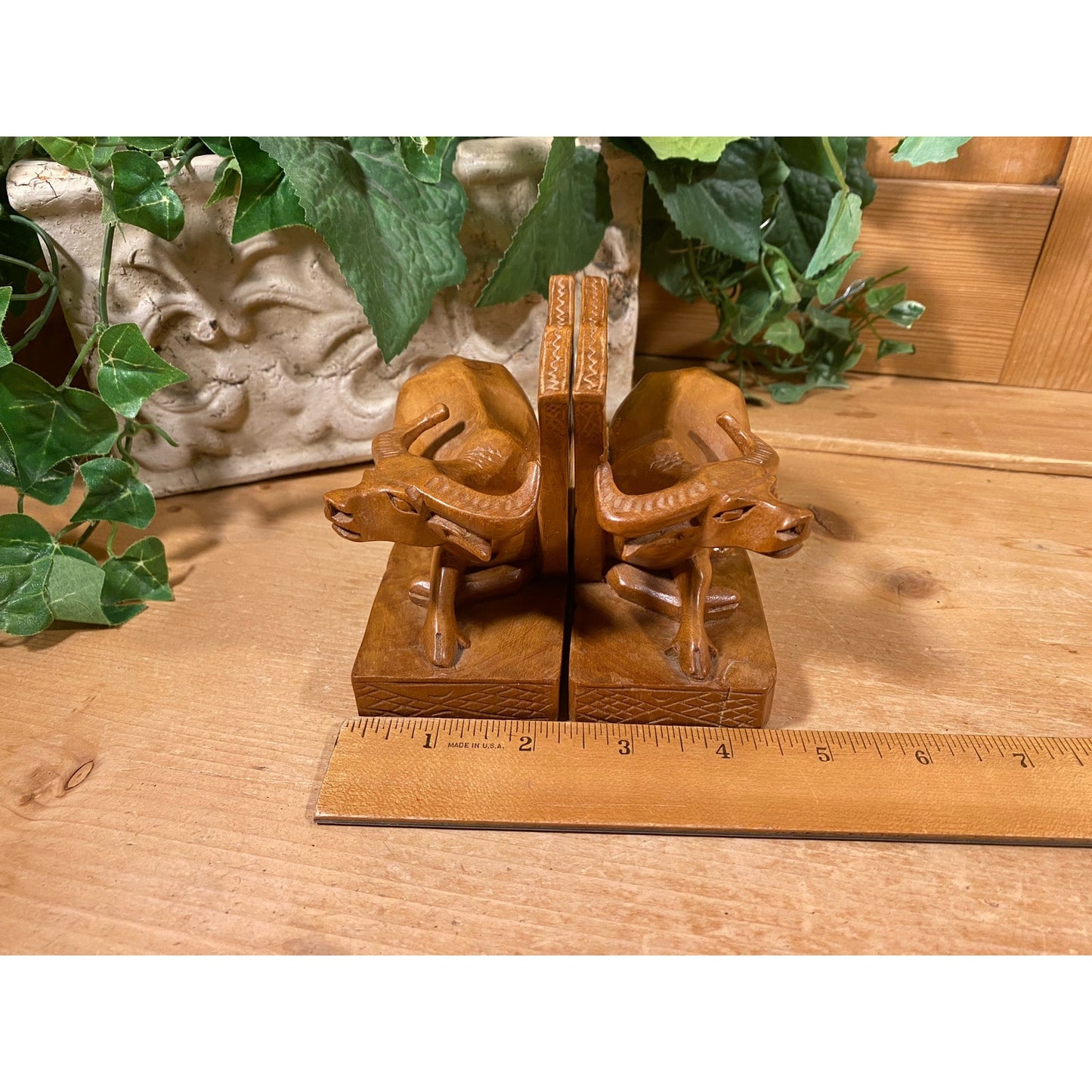 Vintage Carved Wooden Water Buffalo Bookends | Carved Wood Cow Bookends | Bohemian Bookshelf Decor |  Boho Shelf Decor | Cattle Bookends