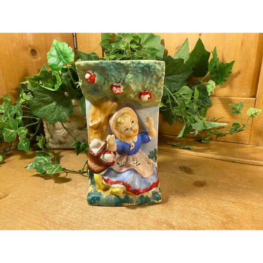 Vintage Ceramic Wall Pocket with Girl Under An Apple Tree | Wall Decor | Pocket Planter | Storybook Room Decor | Cottagecore | Wall Planter