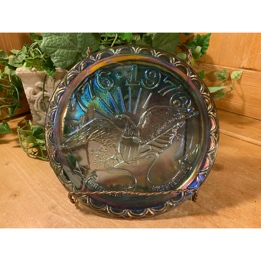 Vintage 1976 Bicentennial Blue Carnival Glass Plate with Eagle | Indiana Glass | Academia Table Decor | Iridescent Blue Glass Plate | USA