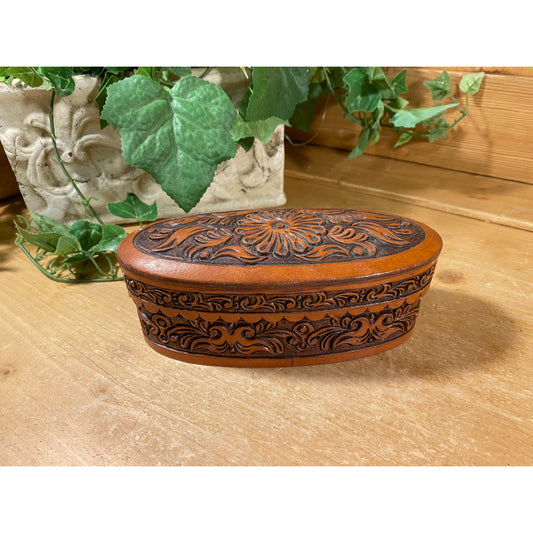 Vintage Floral Tooled Leather Trinket Box with Red Lining | Boho Dresser Decor | Oval Leather Jewelry Box with Embossed Flowers | Bohemian