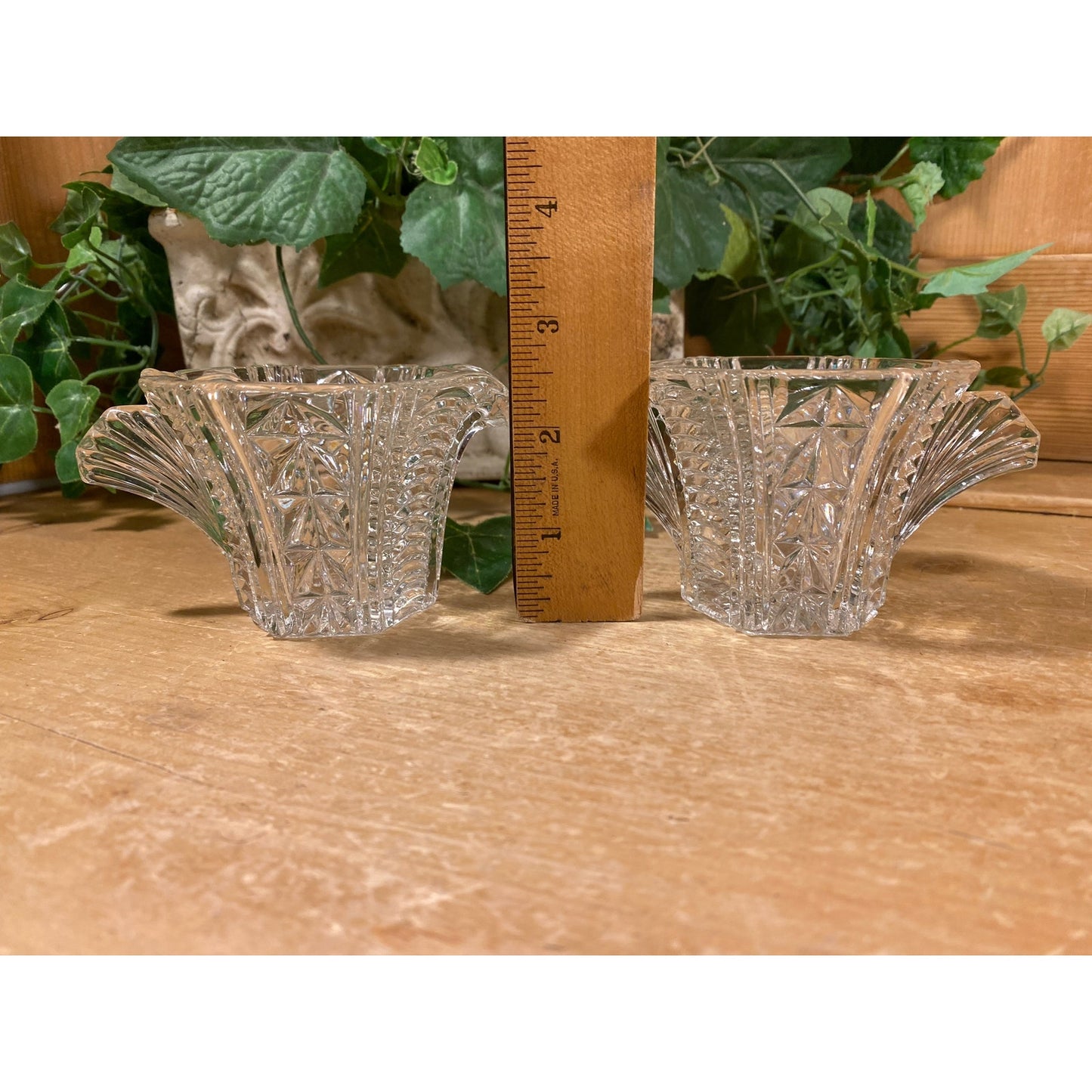 Vintage Clear Cut Glass Sugar and Creamer  - Set of 2 | Fan Handle and Starburst Base | Victorian | Clear Glass Sugar Bowl + Cream Pitcher