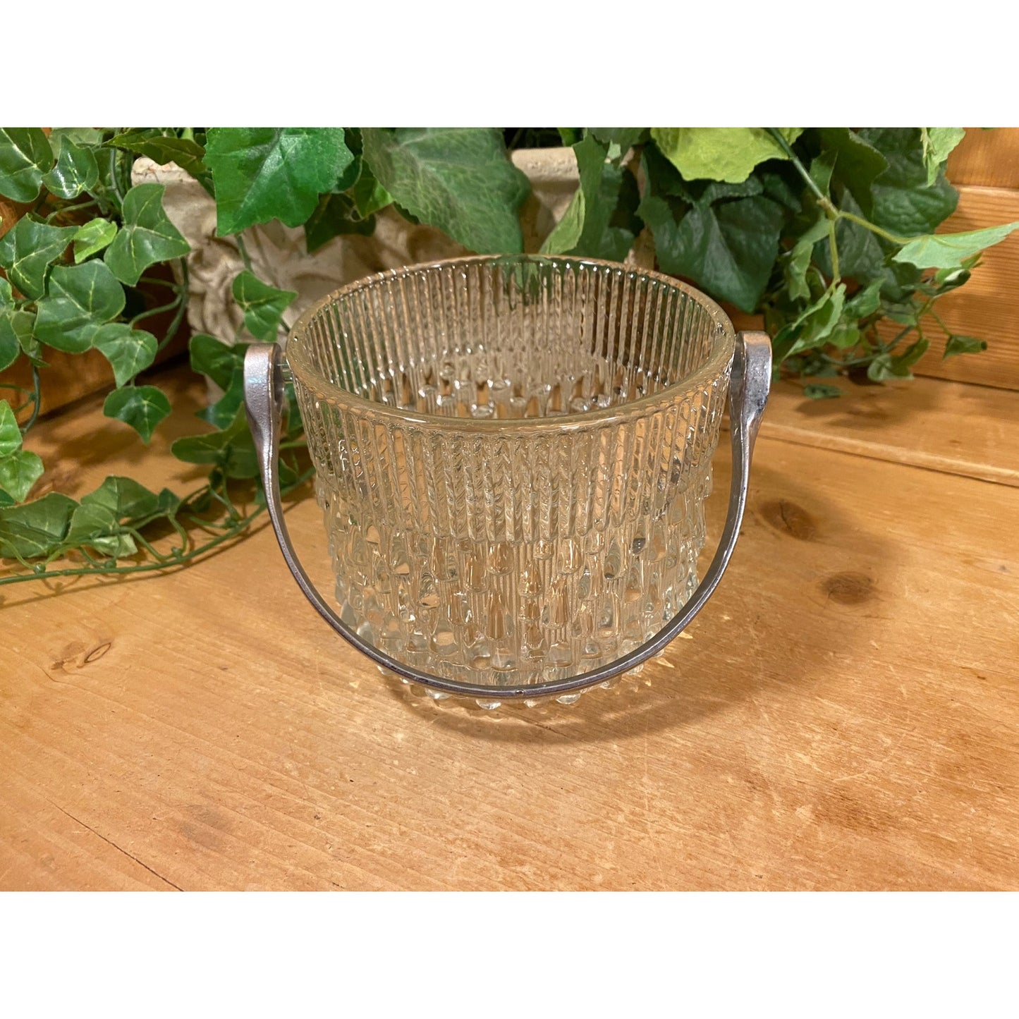 Vintage Round Clear Glass Ice Bucket with Metal Handle | Teleflora | Wine Chiller | MCM | Champagne Bucket | Ice Pail | Midcentury Modern