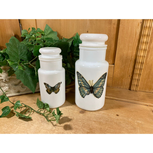 Vintage Butterfly White Glass Canister Jars with Lids | Forestcore | Cottagecore Room Decor | Butterflies | Butterfly Room Decor