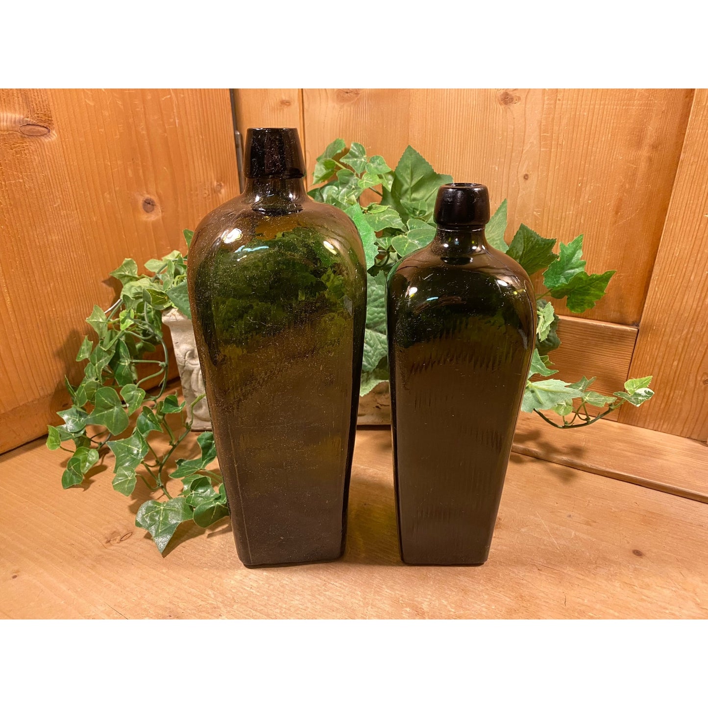 Antique Green Glass Bottles - Set of 2 | Olive Green Liquor Bottles | Primitive Shelf Decor | Rustic Farmhouse Kitchen | Vintage Bottles