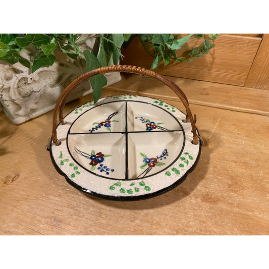 Vintage Hand-Painted Porcelain Divided Dish with Wooden Handle | Made In Japan | Floral Divided Serving Dish | Cottagecore Table Decor