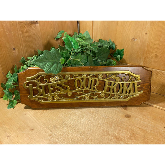 Vintage "Bless Our Home" Brass and Wood Plaque | Farmhouse Wall Decor | Blessing Plaque | Cozy Home Decor