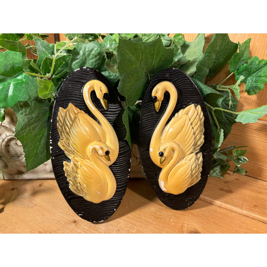 Vintage Yellow Swans on Black Oval Plaster Plaques - Set of 2 | Shabby Chic Wall Decor | Swans | Victorian Wall Decor |  Swan Decor