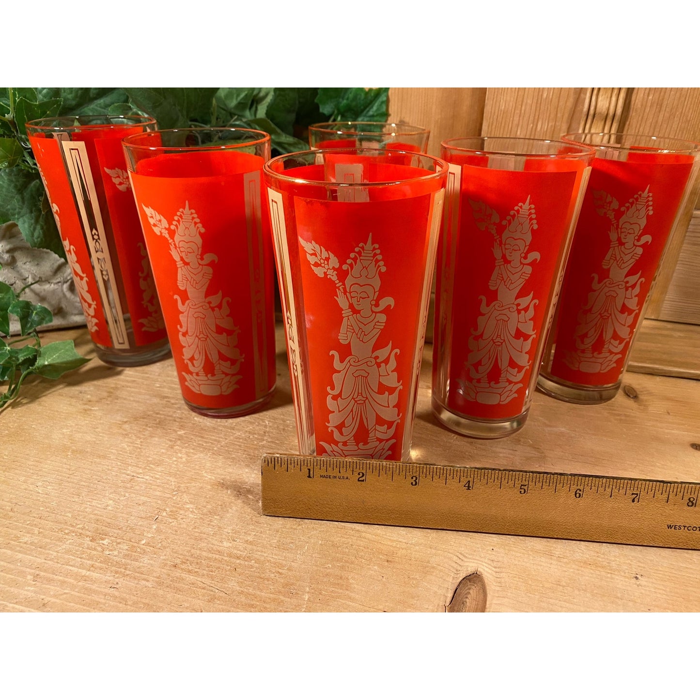 Vintage Red Thai Princess Glasses - Set of 6 | Culver | Midcentury Modern Drinking Glasses (B) | Thai Goddess | Academia | Goddess Glasses