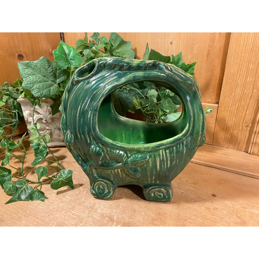 Vintage Green Pottery Majolica Planter | Green Pottery Leaves Basket | Midcentury Modern Table Decor | Forestcore Decor |  MCM Decor