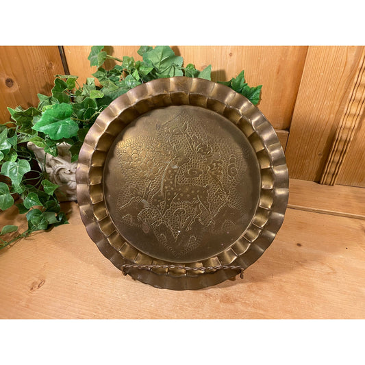 Vintage Round Scandinavian Brass Tray with Deer Pattern, Crimped Edge | Embossed Metal Plate w/ Pinched Edge | Farmhouse Kitchen Wall Decor