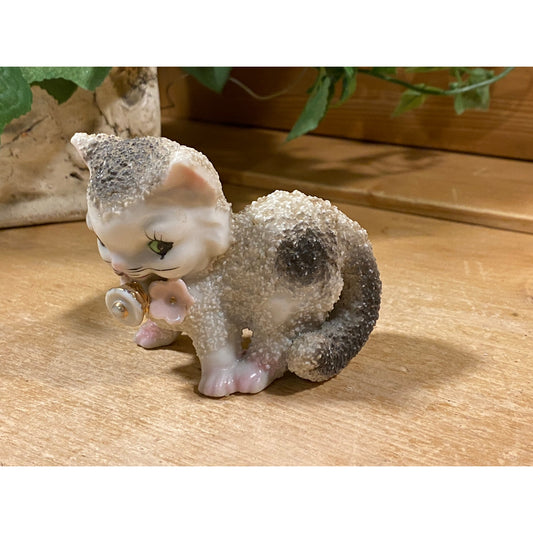 Vintage Sugar Salt Glazed Cat Figurine | Made In Japan | White + Gray Lamb Figurine with Bell Collar | Midcentury Modern Shelf Decor | Cats