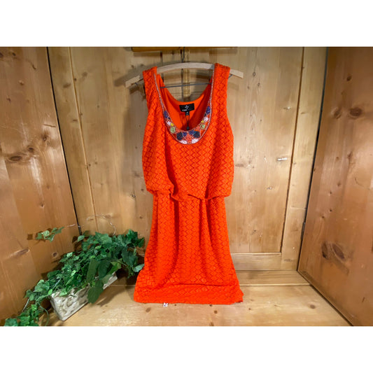 Vintage Red Sleeveless Boho Dress with Beaded Neckline | Ronni Nicole | Women's 10 | Retro 1990s Red Dress w/ Beading | Vintage 90s Fashion