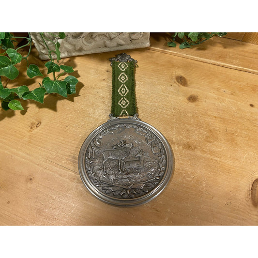 Vintage Minted German Pewter Elk Medallion On Wall Hanger | BMF Zinn | Academia Wall Decor | Pewter Wall Medallion Made In Germany