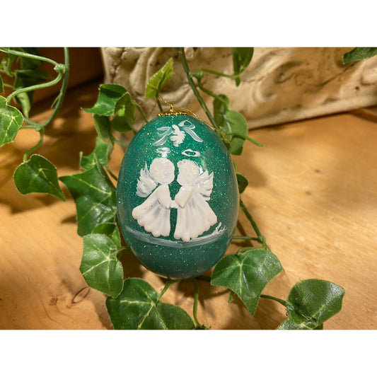 Vintage Handpainted Real Eggshell Ornament | Angels Under Mistletoe | Eggsquisite Egg | Green Christmas Egg | Painted Egg Signed by Artist